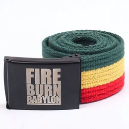 Rasta pásek s kovovou přezkou -  Fire Burn Babylon